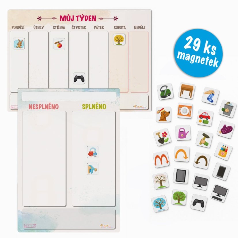 Týdenní magnetický kalendář, to-do tabulka + sada magnetek